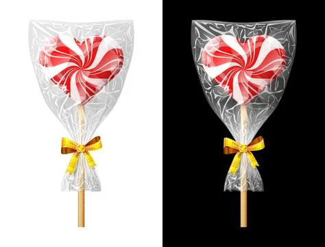 Heart shaped candy on stick in plastic wrapper with bow Stock Illustration