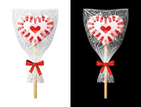 Heart shaped candy on stick in plastic wrapper with bow Stock Illustration