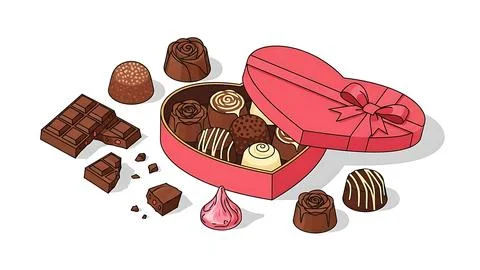 Heart-shaped chocolate box with assorted sweets Stock Illustration