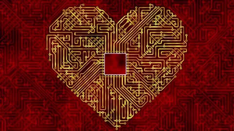 Heart-shaped circuit board, composed of golden pathways on a deep red Stock Footage 337189051