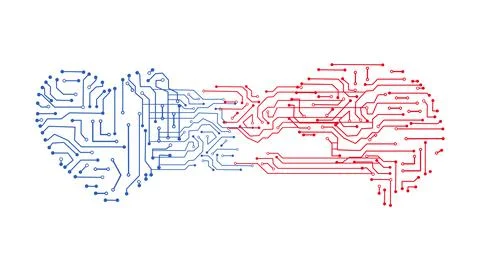 The heart shaped circuit board technology pattern and the brain are connected Stock Illustration