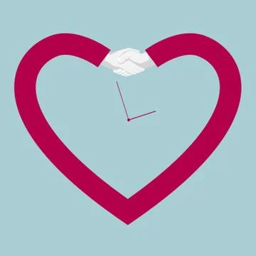 A heart-shaped clock formed by a handshake. Isolated on blue background. Stock Illustration