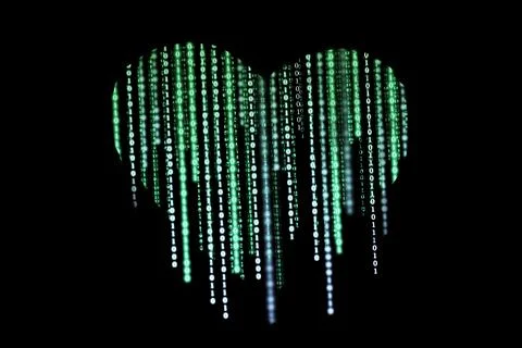 Heart-shaped composed of binary computer code on a black background. Virtua.. 스톡 사진