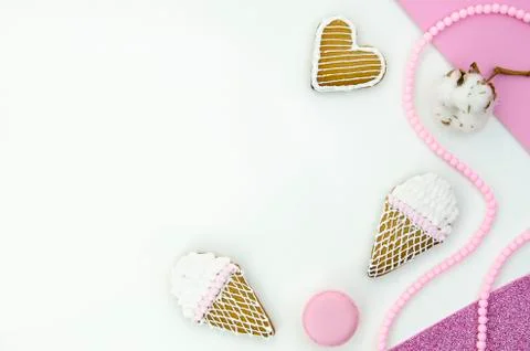 Heart shaped cookies with empty space background for Valentines day. Pink love Stock Photos