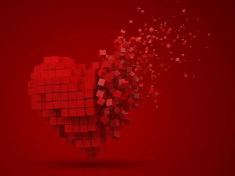 Heart shaped, dissolving data block. made with red cubes. 3d pixel style vector Stock Illustration