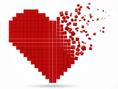 Heart shaped, dissolving data block. made with red cubes. 3d pixel style vector Stock Illustration