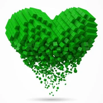 Heart shaped, dissolving data block. made with green cubes. 3d pixel style Stock Illustration