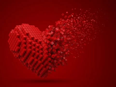 Heart shaped, dissolving data block. made with red cubes. 3d pixel style vector Stock Illustration
