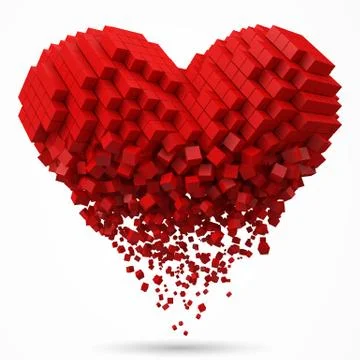 Heart shaped, dissolving data block. made with red cubes. 3d pixel style vector Stock Illustration