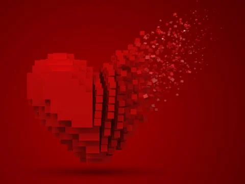 Heart shaped, dissolving data block. made with red cubes. 3d pixel style vector Stock Illustration
