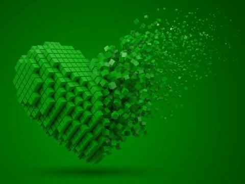 Heart shaped, dissolving data block. made with green cubes. 3d pixel style Stock Illustration