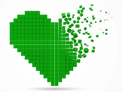 Heart shaped, dissolving data block. made with green cubes. 3d pixel style 스톡 일러스트