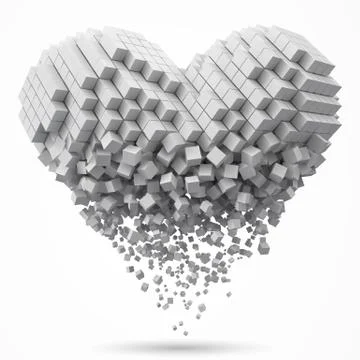 Heart shaped, dissolving data block. made with cubes. 3d pixel style vector Illustrazione stock