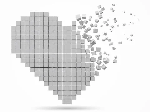 Heart shaped, dissolving data block. made with cubes. 3d pixel style vector Stock Illustration