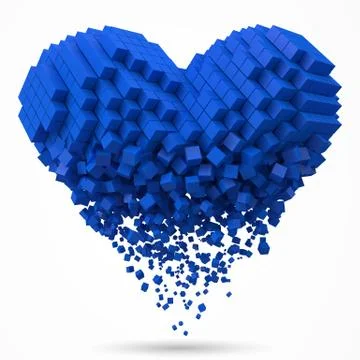Heart shaped, dissolving data block. made with cubes. 3d pixel style vector Stock Illustration