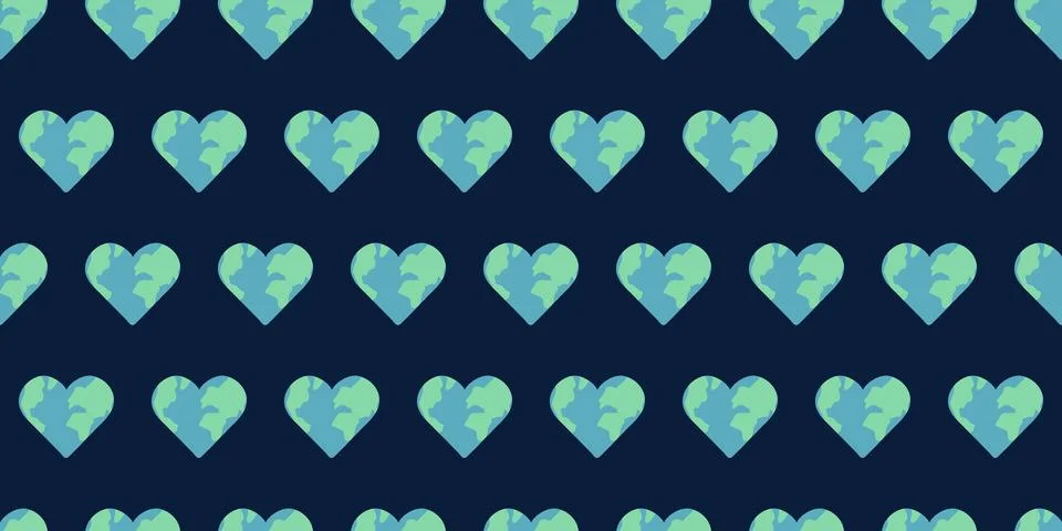 Heart Shaped Earth Pattern. Seamless Planet print on dark background. Caring and Stock Illustration