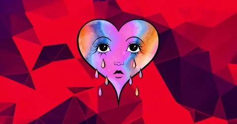 Heart-shaped face featuring multicolor gradient tears sliding down red polygonal Stock Footage 316096961