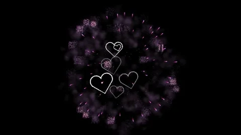 Heart shaped fireworks explode in night sky with heart outlines Stock Footage 338220751