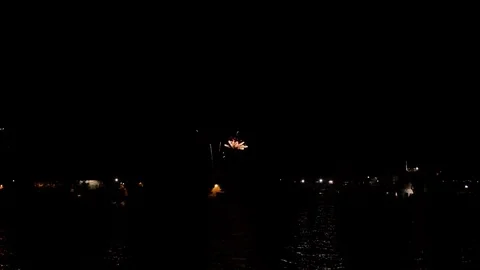 Heart Shaped Fireworks Exploding In Night Sky Over Lake Stock Footage 92769889