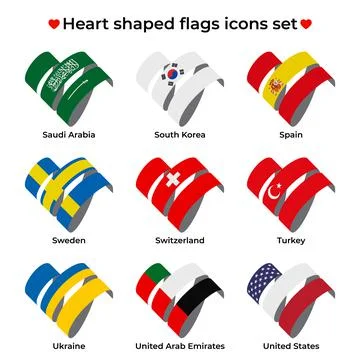 Heart shaped flags icons set. Icon flag from ribbon curls. Vector symbol, button Stock Illustration