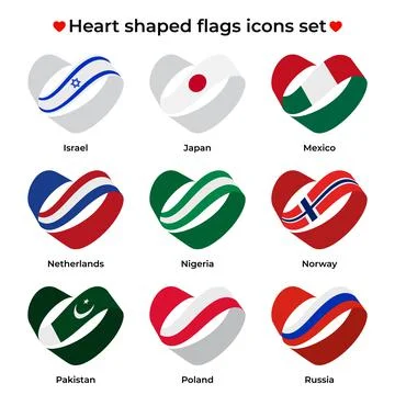 Heart shaped flags icons set. Icon flag from Ribbon curls. Vector icon, button Stock Illustration