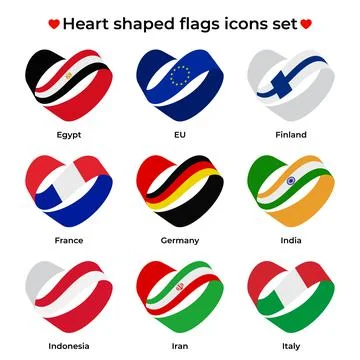 Heart shaped flags icons set. Icon flag from Ribbon curls. Vector icon, symbol Ilustración de archivo