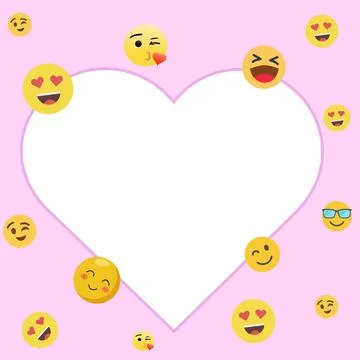 Heart shaped frame pink background surrounded by different smileys emoticon.. Stock Illustration
