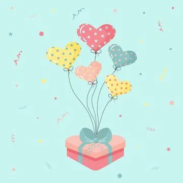 Heart shaped gift box with bow tied to heart inflatable gel balloons. Birthda Stock Illustration