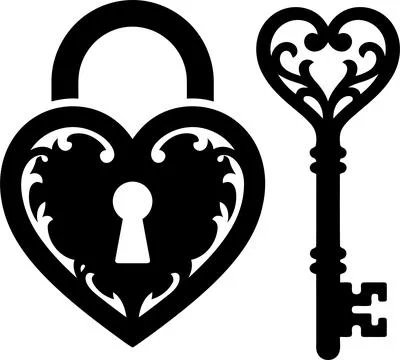 Heart Shaped Lock and Vintage Key Silhouette Icons for Romantic Design Concep Stock Illustration
