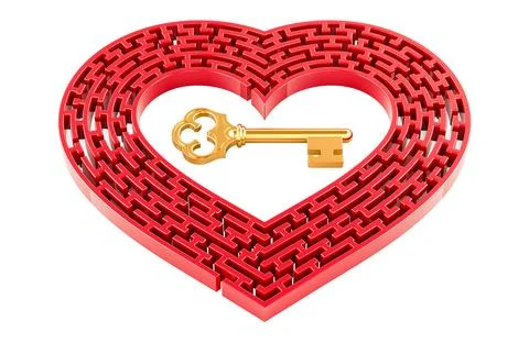 Heart shaped maze with key inside, finding Love concept. 3D rendering Stock Illustration