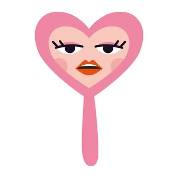 Heart shaped mirror with a reflection of a beautiful face, cartoon style. L.. Stock Illustration