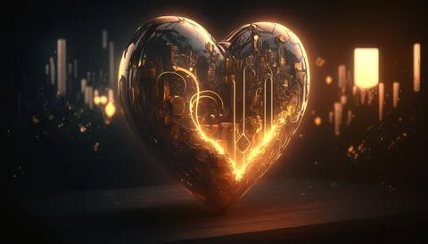 A heart shaped object with a city in the background and a glowing light in .. Stock Illustration