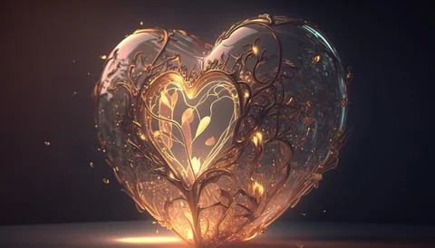 A heart shaped object with a light inside of it on a table with a dark back.. Stock Illustration