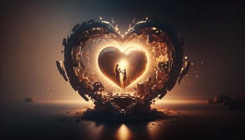 A heart shaped object with a person standing inside of it on a dark backgro.. Illustrazione stock