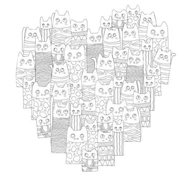 Heart shaped pattern with cute funny cats. Black and white background. Page.. Stock Illustration