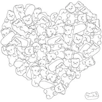 Heart shaped pattern with gummy bears. Adult coloring book page with shiny je Stock Illustration
