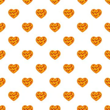 Heart shaped pizza pattern repeating on white background Stock Illustration