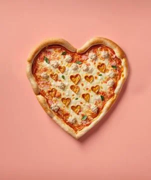 A heart shaped pizza on a pink background Stock Illustration