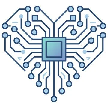 Heart shaped printed circuit board with microchip flat outline icon. Stock Illustration