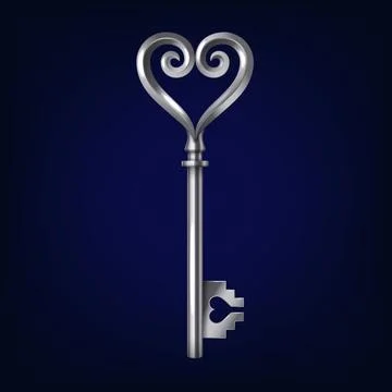 Heart Shaped Silver Key on Blue Background Stock Illustration