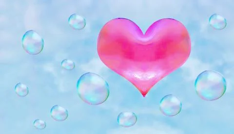 A heart-shaped soap bubble. blue sky background with clouds. red heart. Stock Illustration