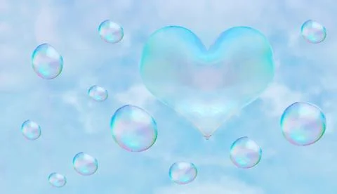 A heart-shaped soap bubble. blue sky background with clouds. Stock Illustration