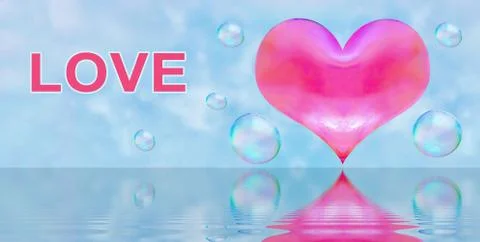 A heart-shaped soap bubble. blue sky background with clouds. the reflection i Stock Illustration