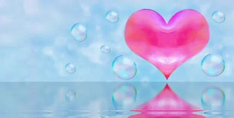 A heart-shaped soap bubble. blue sky background with clouds. the reflection i イラスト素材
