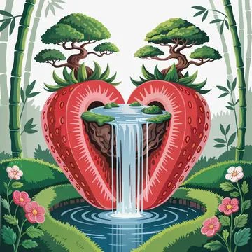 Heart-shaped strawberry waterfall within a vibrant fantasy garden Stock Illustration