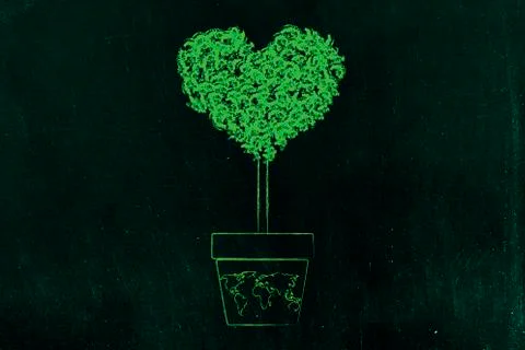 Heart-shaped tree in world map vase Stock Illustration