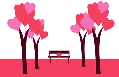 Heart shaped trees lining park path with bench Stock-Illustration