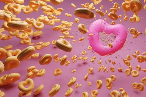 Heart shaped two pink donuts with topping on colorful background ,doughnut .. Stock Illustration