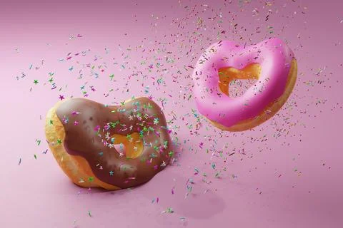Heart shaped two pink donuts with topping on colorful background ,doughnut .. Stock Illustration