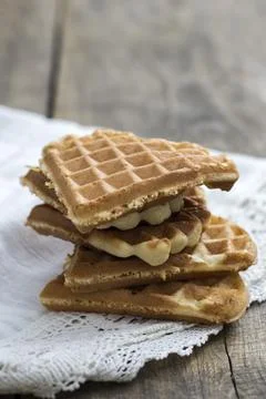 Heart shaped waffles on table, close up Stock Photos